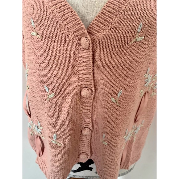Vintage Pink Floral Embroidered Knit Vest w/ Ribbons - Picture 2 of 6